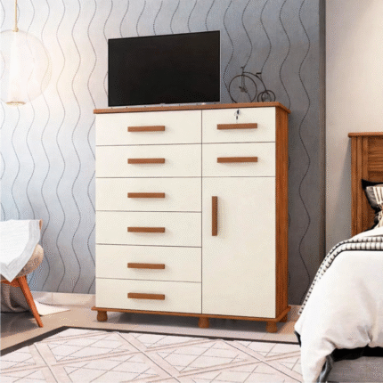 CÔMODA COM CHAVE 8 GAVETAS E 1 PORTA MÓVEIS LANZA - CEDRO OU CEDRO/OFF WHITE