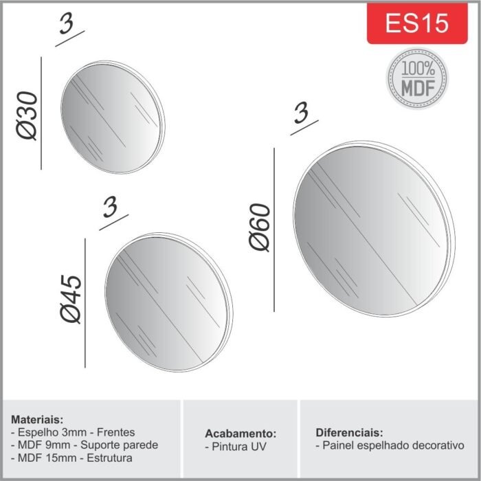 KIT 03 ESPELHOS REDONDOS DECORATIVOS ES15 DALLA COSTA OFF WHITE - Imagem 2