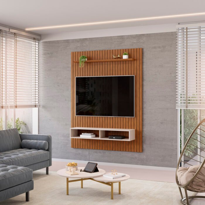 PAINEL HOME PARA TV ATÉ 55" ASTON RIPADO COM PRATELEIRA E NICHO - FREIJÓ/OFF WHITE