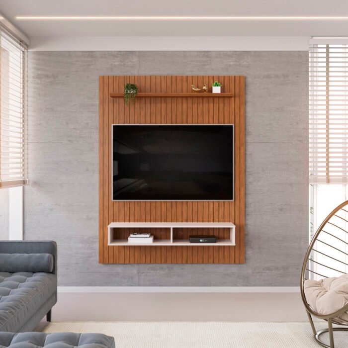 PAINEL HOME PARA TV ATÉ 55" ASTON RIPADO COM PRATELEIRA E NICHO - FREIJÓ/OFF WHITE - Imagem 2