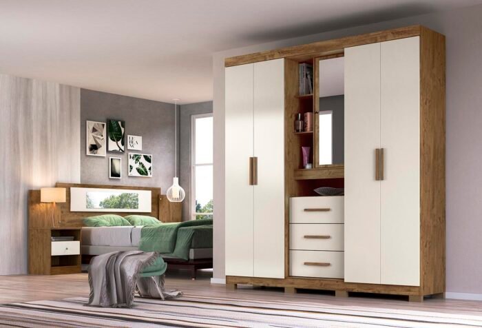 ROUPEIRO MOVAL ELDORADO COM ESPELHO 4 PORTAS - CASTANHO WOOD/ OFF WHITE