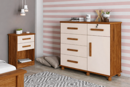 CÔMODA COM CHAVE 5 GAVETAS E 1 PORTA MÓVEIS LANZA - CARVALHO, CEDRO/OFF WHITE OU BRANCO