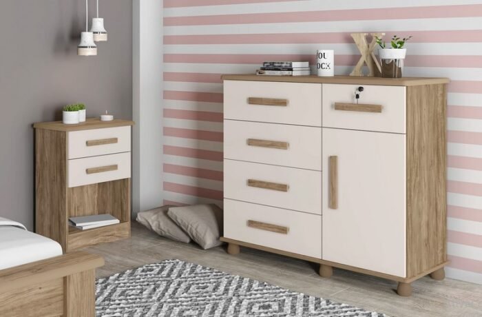 CÔMODA COM CHAVE 5 GAVETAS E 1 PORTA MÓVEIS LANZA - CARVALHO, CARVALHO/OFF OU BRANCOWHITE