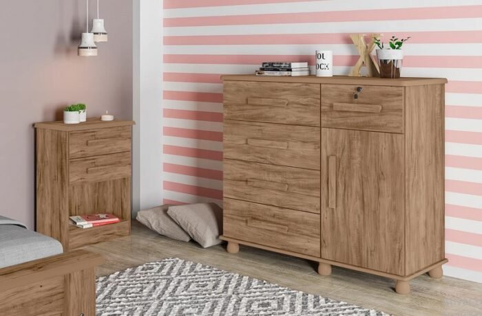 CÔMODA COM CHAVE 5 GAVETAS E 1 PORTA MÓVEIS LANZA - CARVALHO, CARVALHO/OFF OU BRANCOWHITE - Imagem 3