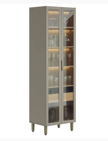 CRISTALEIRA ILUMINADA LED LINEA BRASIL 2 PORTAS DE VIDRO 1 GAVETA - JEQUITIBÁ/GRIZ FOSCO