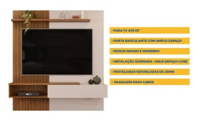 PAINEL HOME SUSPENSO PARA TV ATÉ 65" DJ MÓVEIS - FREIJÓ/OFF WHITE - Imagem 3