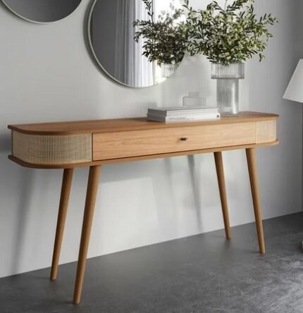 APARADOR CURVO COM UMA GAVETA E DETALHE TELA SINTÉTICA DALLA COSTA - FREIJÓ