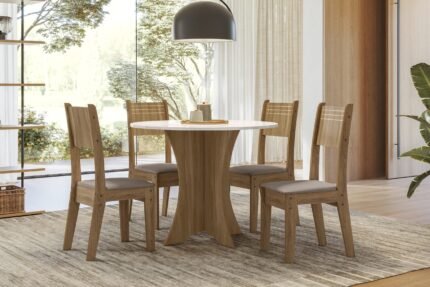 CONJUNTO MESA REDONDA COM 4 CADEIRAS ASSENTO ESTOFADO COURINO CACAU - AMÊNDOA/OFF