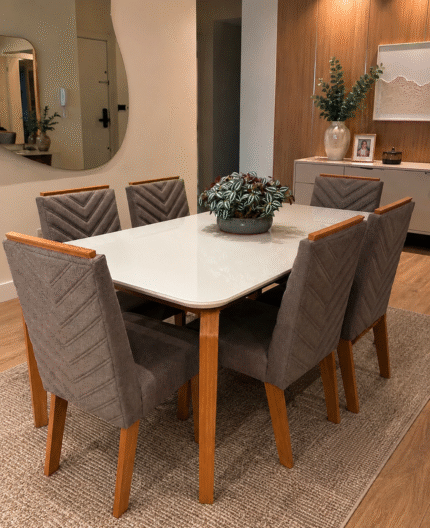 MESA DE JANTAR 1,80x0,90m COM 6 LUGARES ESTOFADOS